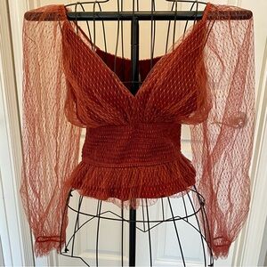 Anthropologie Elegant Rust Mesh Women's Top, size M, NWOT